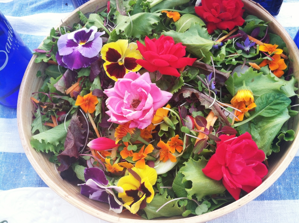 A very Blue Moon salad, topped with Edible Flowers (lightly dressed)